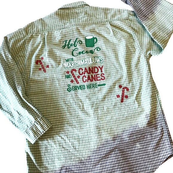 Upcycled Plaid Christmas Shirt, Plus Size: Bleached, Painted Holiday Graphics - Picture 10 of 12
